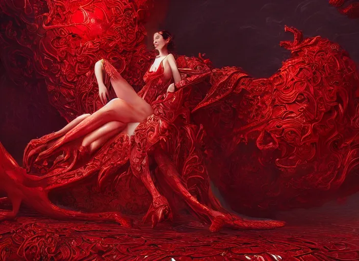 Image similar to woman in love sit upon a scarlet coloured beast, pain, royal dress, light effect, hyper detailed, intricate, atmospheric, elegant, highly detailed, digital painting, artstation, concept art, matte, sharp focus, illustration, by james jean, andrei riabovitchev, marc simonetti, yoshitaka amano