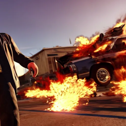 Prompt: extremely cool looking quentin tarantino in the game'gta v ', in the background an exploding car. unreal engine 4 render 4 k