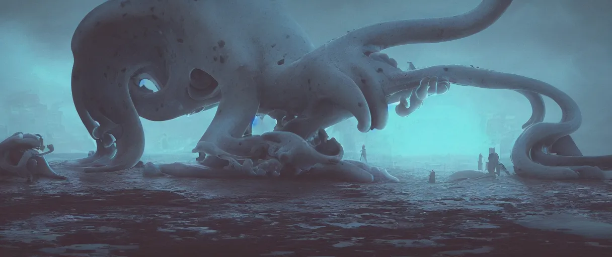 Prompt: the cephalopod monster eating humans by beeple , cinematic atmosphere, establishing shot