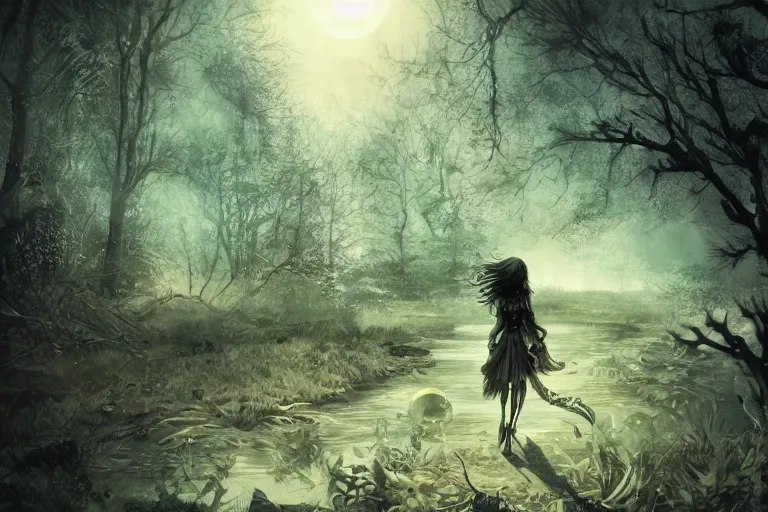 Image similar to goth woman in a moonlight view, in a forest, a river, tankoban, 4 k, tone mapping, akihiko yoshida, james jean andrei riabovitchev marc simonetti, yoshitaka amano, long hair, curly, h. hydrochaeri