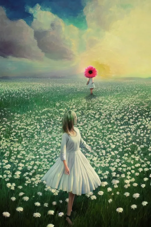 Image similar to giant white daisy flower over head, girl dancing in a flower field, surreal photography, sunrise, dramatic light, impressionist painting, colorful clouds, digital painting, artstation, simon stalenhag