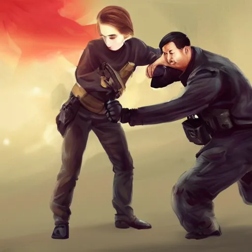 Prompt: angry emma watson putting xi jinping in a headlock as security agents close, trending on artstation