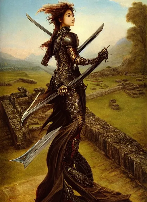 Image similar to woman in dark princess dragon armor, she is holding a katana sword, walking on the mystical ancient ruins. by william henry hunt