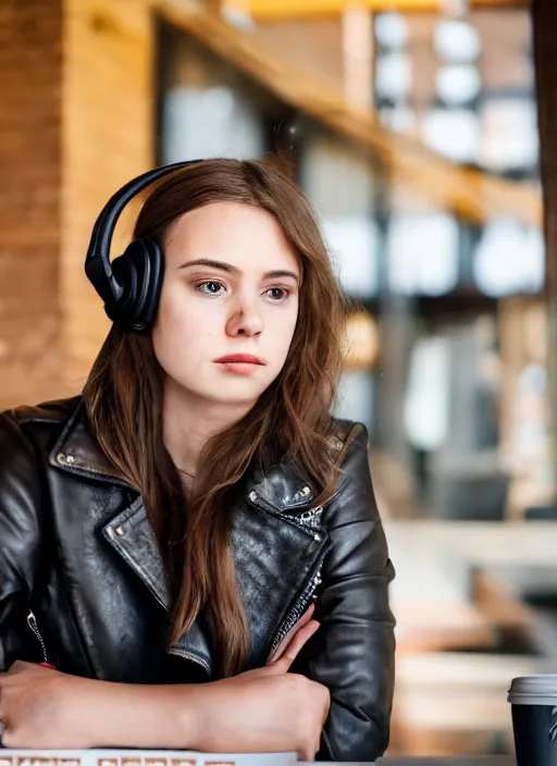 Prompt: young adult woman in a coffee shop wearing headphones and a leather jacket looking unamused, natural light, magazine photo, 5 0 mm lens