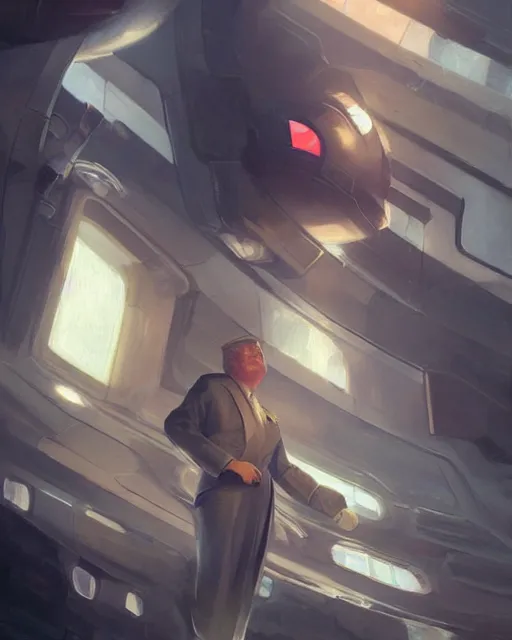 Image similar to donald trump in a futuristic spaceship pilot dress, year twenty one hundred, portrait, illustration, rim light, top light, perfectly shaded, spring time, slight overcast lighting, soft painting, art by krenz cushart and wenjun lin