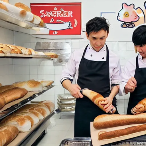 Prompt: two bakers pretending to use baguettes as swords in a small bakery by sanrio