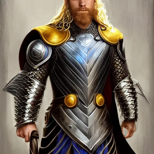 Prompt: A knight who looks like Thor with very short, slicked back, blonde hair style and a short beard, Athletic build. Wears chainmail with a blue robe and yellow cloak, Steel pauldrons, digital art, fantasy art, detailed, realistic, by Tony Sart