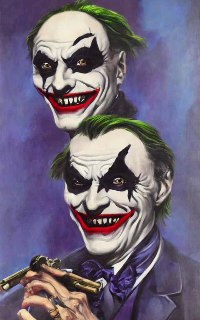 Image similar to portrait of conrad veidt the man who laughs joker grin, award winning oil painting, sharp color palette
