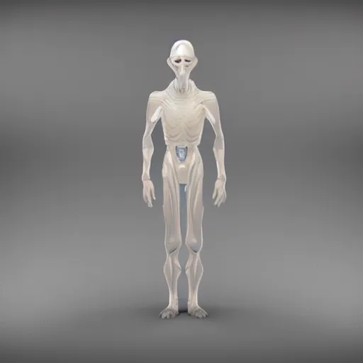 Prompt: a sculpure of an humanoid male alien made of translucid plastic, inside him there is luminiscent fluids, he has an elongated head shape, unreal engine 5