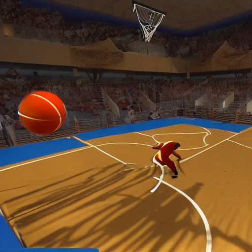 Image similar to 3 d atmospheric ps 5 video game screenshot of caveman extreme basketball