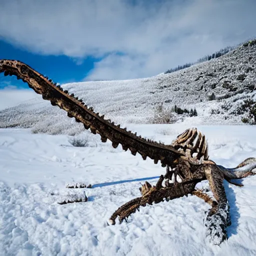 Image similar to snow landscape with gigantic dinosaur skeleton fossile bones half burried in snow