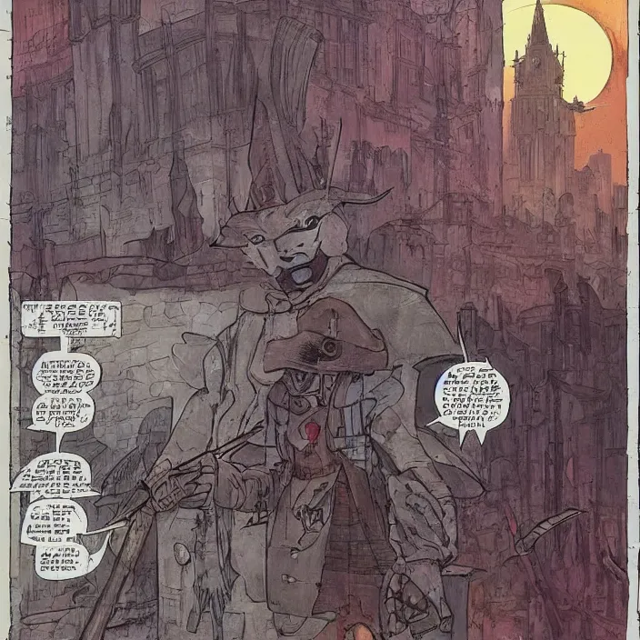 Image similar to a hunter from bloodborne vs robot in yharnam, style by retrofuturism, faded red and yelow, by malcolm smith, old comics in city, nicholas roerich, katinka reinke