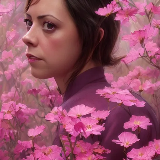 Image similar to pink petals with a ahape of a wonderful aubrey plaza and christina ricci and mila kunis and olivia newton john, intricate, elegant, highly detailed, wonderful eyes, sweet, digital painting, artstation, concept art, smooth, sharp focus, illustration, art by artgerm and greg rutkowski and alphonse mucha and william - adolphe bouguereau