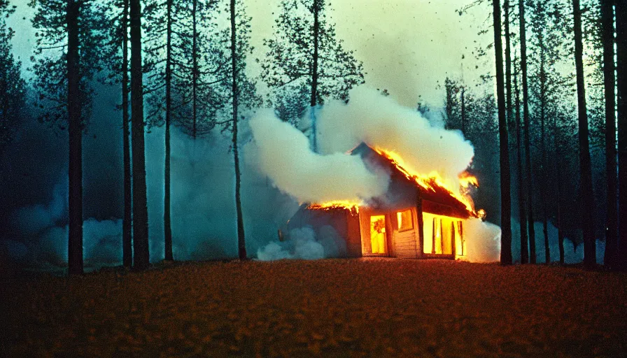 Image similar to 1 9 7 0 s movie still by andrei tarkovsky of a heavy burning french style little house in a small northern french village by night in autumn, pines forest, cinestill 8 0 0 t 3 5 mm, heavy grain, high quality, high detail, dramatic light, anamorphic, flares