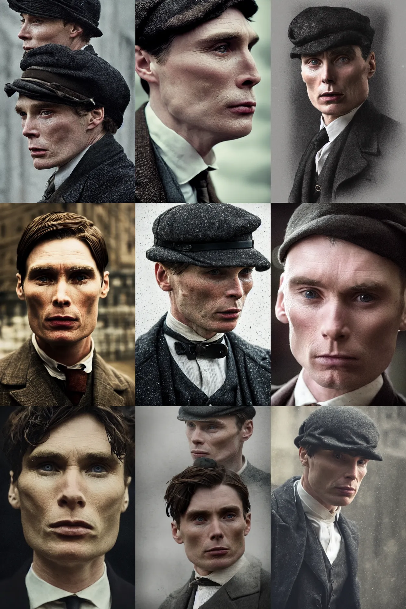 Prompt: portrait Cillian Murphy in Peaky Blinders get confused beautiful face, Perfect detailed face, front view dramatic, gloomy, dark, bleak, cheerless, desolate, impressive, tragic, cinematic dull colours, dark colour scheme, atmospheric by Christopher Nolan