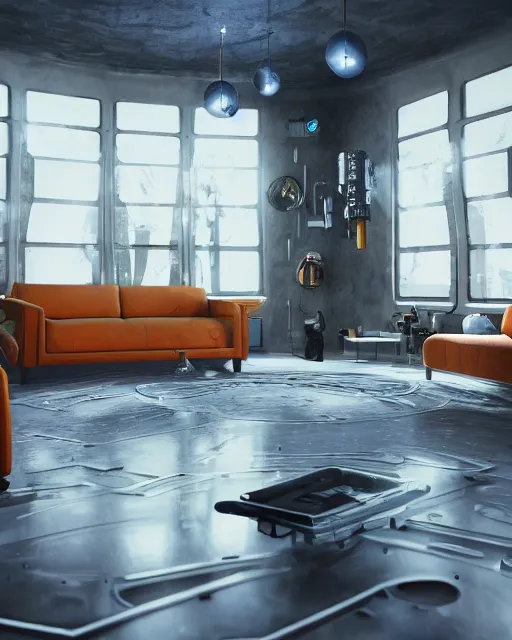 Image similar to artstation scifi scene of a safe room as ikea ad, lounge furniture, carpeted floor, sky mural on the room ceiling, holographic nature art walls, large terrarium, paneled walls, unreal engine 5, hyper realism, realistic shading, cinematic composition, blender render, octane render, hdr, detailed textures, photorealistic, wide shot