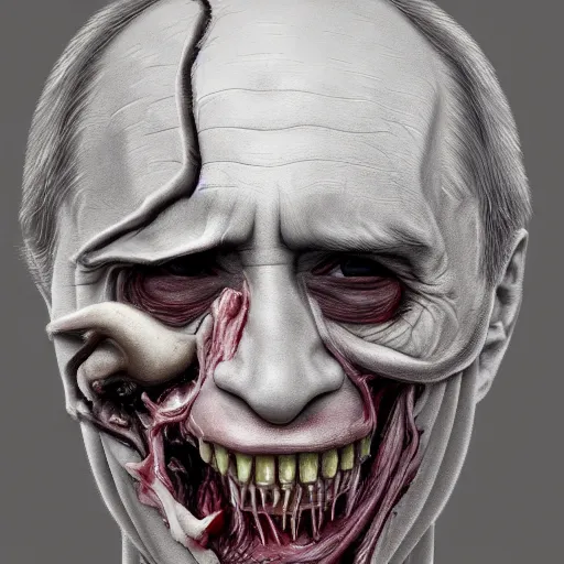 Image similar to a portrait of vladimir putin's, flesh eating worms, macabre, horror saw teeth, horror rotten teeth, peeling face skin, by junji ito and zdzisław beksinski, realistic face, visible face, digital art, artstation, symmetry