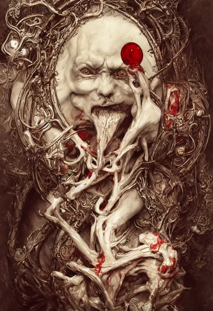 Prompt: breathtaking detailed painting of a devil god of meat and bones, intricate art nouveau white metal strokes, meat and blood stained glass, rembrandt style, elegant, highly detailed, artstation, concept art, matte, sharp focus, art by tom bagshaw, and greg rutkowski