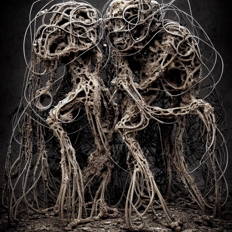 Prompt: portrait of abandoned ribbed organic biomechanical sculpture of two kissing cyborgs, covered with wires, spines, roots, ash, mold, meat, baroque painting, standing in a desolate empty wasteland, creepy, nightmare, dream-like heavy atmosphere, dark fog, surreal abandoned buildings, baroque painting, beautiful detailed intricate insanely detailed octane render trending on Artstation, 8K artistic photography, photorealistic, volumetric cinematic light, chiaroscuro, zoomed out, Raphael, Caravaggio, Beksinski, Giger