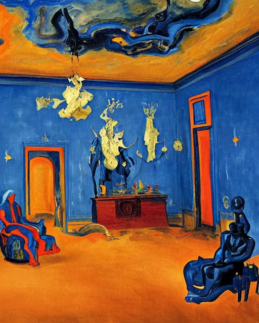 Image similar to blue people and a dark figure seated on a throne with clouds at red and yellow art deco interior room in the styleof Francis Bacon and Chaïm Soutine, open ceiling, highly detailed, painted by Francis Bacon and Edward Hopper, painted by James Gilleard, surrealism, airbrush, art by JamesJean