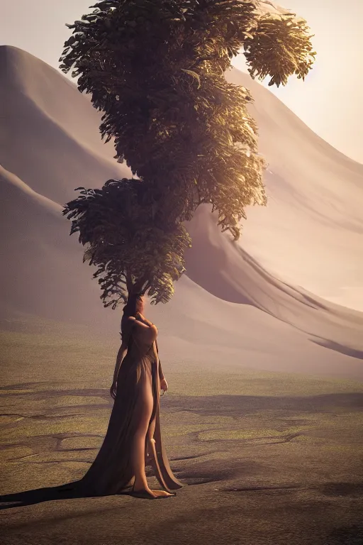 Image similar to a girl in a magnificent dress stands near a volcano, afar, fullbody, in full growth, photorealistic, high resolution, trending on artstation, highly detailed, volumetric lighting, 35mm