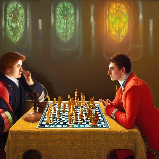 Prompt: a highly detailed art of chess game, neon colored suit, beautiful detail and color, art by john collier and albert aublet and krenz cushart and artem demura and alphonse mucha, volumetric lighting, octane render, 4 k resolution, matte, sharp focus, illustration, art by jacque - louis david, baroque style