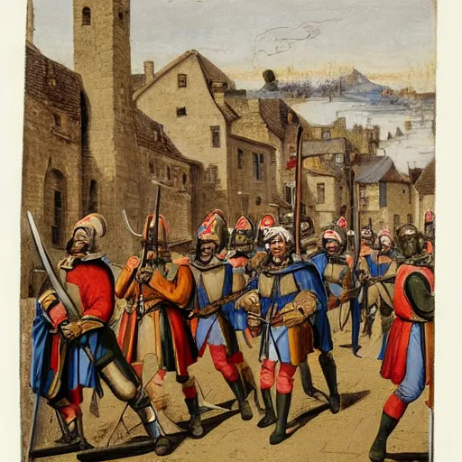 Image similar to line of renaissance soldiers in brightly colored uniforms with halberds as musketeers fire behind them, they are in a tight street surrounded by medieval stone buildings, dying earth, art, rpg, mike franchina