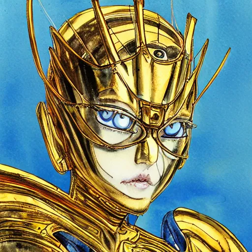 Image similar to a Royal portrait of gold android woman as illustrated by Yoshitaka Amano. 1991. Watercolor and Acrylic on Paper