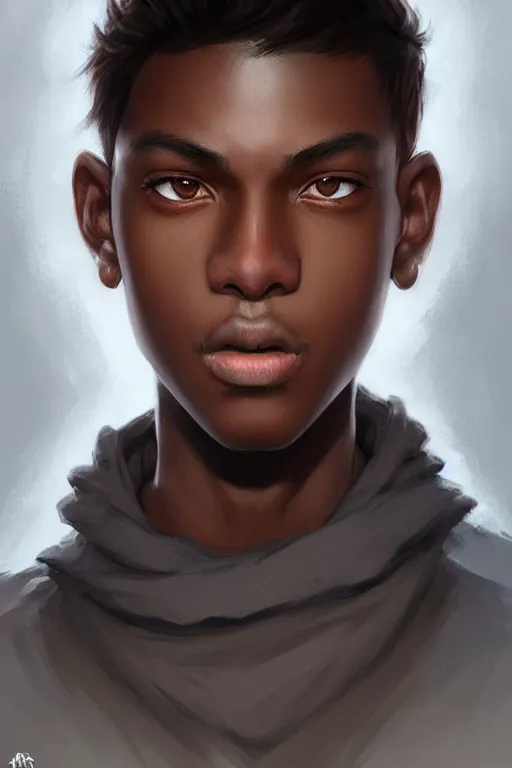 Image similar to young teenager boy with straight short brown hair, dark skin, big lips. highly detailed, d & d, fantasy, highly detailed, digital painting, trending on artstation, concept art, sharp focus, illustration, art by artgerm and greg rutkowski and fuji choko and viktoria gavrilenko and hoang lap