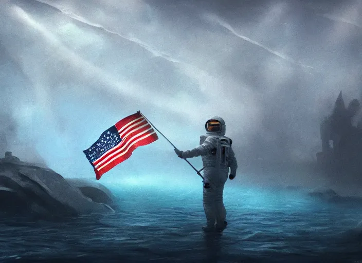 Image similar to astronaut holding a flag in an underwater desert. a submarine is visible in the distance. dark, concept art, cinematic, dramatic, atmospheric, 8 k, trending on artstation, blue, fish, low visibility, fog, ocean floor, christopher nolan, interstellar