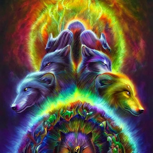 Image similar to enlightened pack of spirit wolves made out of nature by MICHAEL DIVINE and by AMANDA SAGE in the style of oil painting visionary art, trending on artstation, very coherent