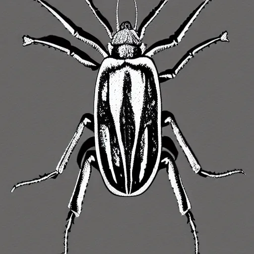 Image similar to horned beetle, black and white, botanical illustration, black ink on white paper, bold lines