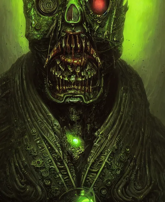 Prompt: a portrait of an evil green steampunk dark lord, by hr giger and beksinski and stephan martiniere, 4 k resolution, detailed, 3 d render, unreal engine, octane render, trending on artstation