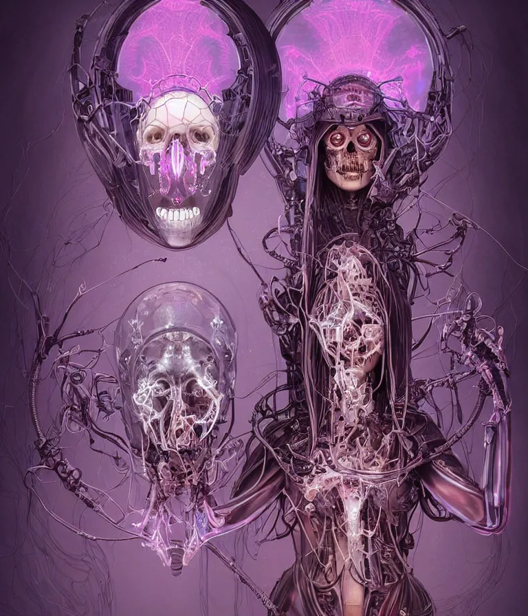 Image similar to fully symmetrical centered iridescent portrait of a beautiful princess of death in robe. skulls artificial muscles, ribcage, bones, hard surface modelling. cyberpunk look. biomechanical mask. bio luminescent biomechanical halo around head. neon jellyfish. artwork by jarold Sng by artgerm, by Eddie Mendoza, by Peter mohrbacher by tooth wu, unreal engine, octane render, cinematic light, high details, iridescent colors, dichroic, macro, depth of field, blur