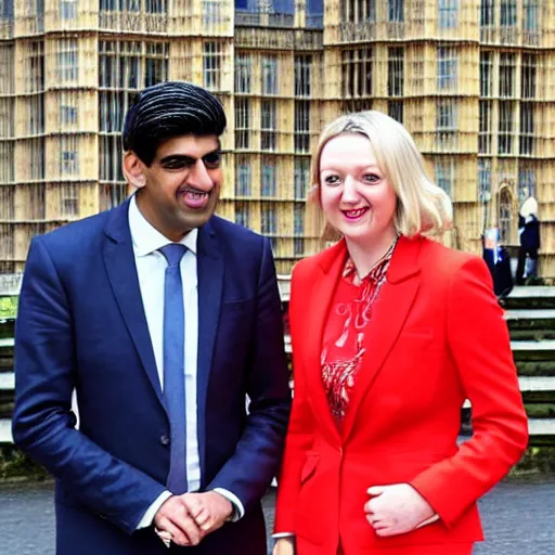 Image similar to Liz truss and Rishi sunak at parliament laughing with the devil. A demon joined the conservatives in parliament. Daily Telegraph.