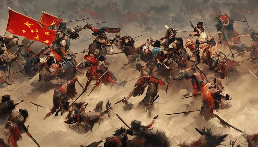 Image similar to fight between and mongols and chinese, artstation