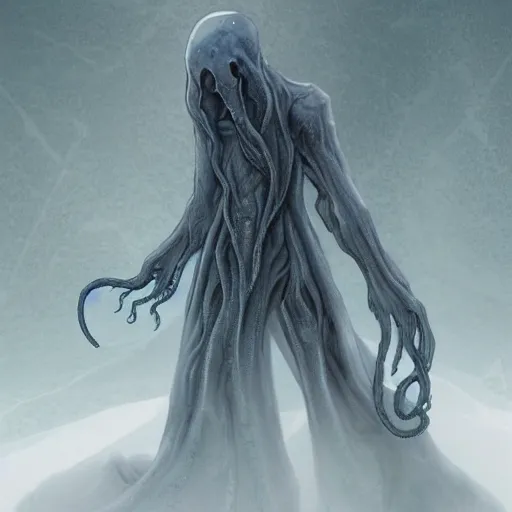 Image similar to concept designs of an ethereal ghostly wraith like figure with a squid like parasite latched onto its transparent skull and long tentacle arms that flow lazily but gracefully at its sides like a cloak while it floats around a frozen rocky tundra in the snow searching for lost souls and that hides amongst the frosted trees, this character has hydrokinesis and electrokinesis in the style of arcane the series on netflix