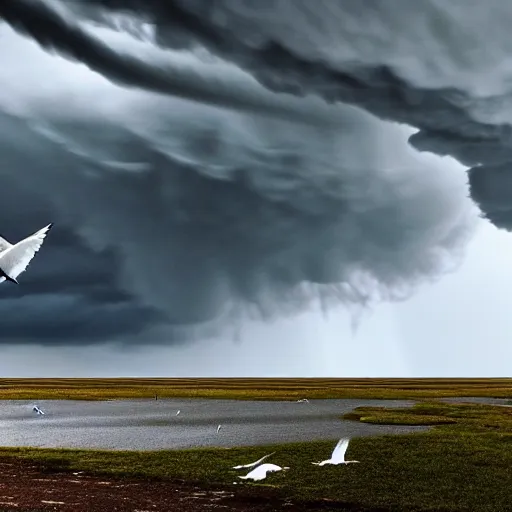 Image similar to a tornado!! made of seagulls, windy, cloudy, realistic reflections, cinematic lighting