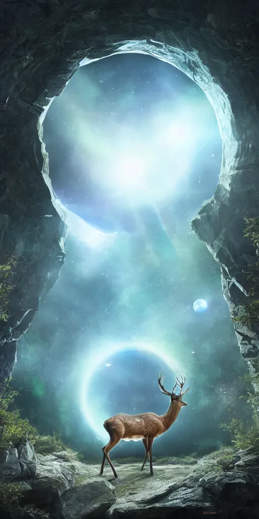 Prompt: a deer standing in front of a giant portal into the universe in the shape of a keyhole to the dimension of prisms, beautiful matte painting by weta workshop 4 k, cinematic dramatic atmosphere, dramatic lighting, trending on artstation