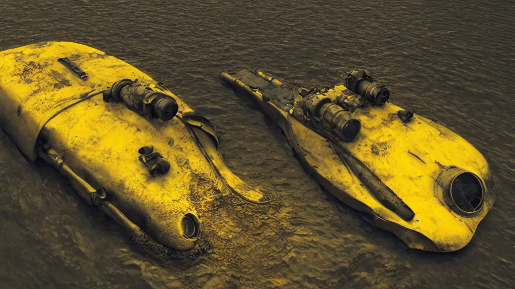 Image similar to a photorealistic dramatic hyperrealistic underwater render of an deep sea submersible, ultra realistic details, glossy yellow, well worn, rust, oil stains by vitaly bulgarov and mike nash, beautiful dramatic dark moody tones and lighting, cinematic atmosphere, global illumination, shadows, dark background, octane render, 8 k