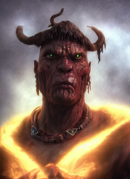 Image similar to A fantasy comic book style portrait painting of a shaman orc in a atmospheric dark fortress, unreal 5, DAZ, hyperrealistic, octane render, RPG portrait, ambient light, dynamic lighting