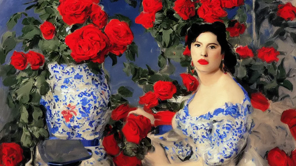 Prompt: portrait of rebekah delrio in lynch pattern, big persian detailed pot of red roses, blue and red lights painted by john singer sargent