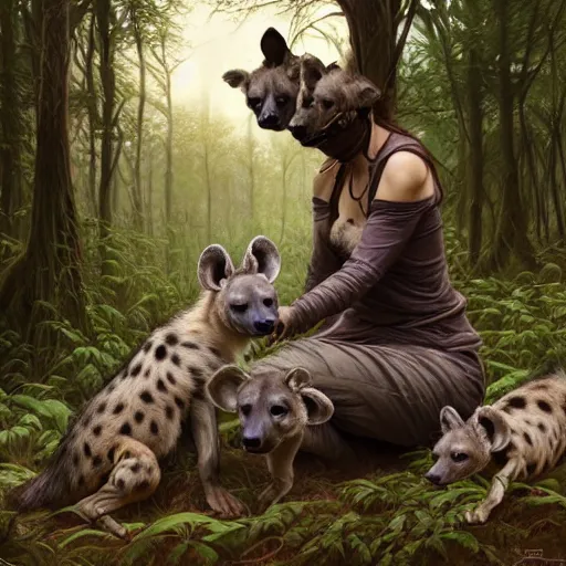 Image similar to photo of a hyena with a woman's head feeds puppies in the forest, highly detailed, digital painting, artstation, smooth, sharp focus, illustration, art by artgerm and greg rutkowski and alphonse mucha