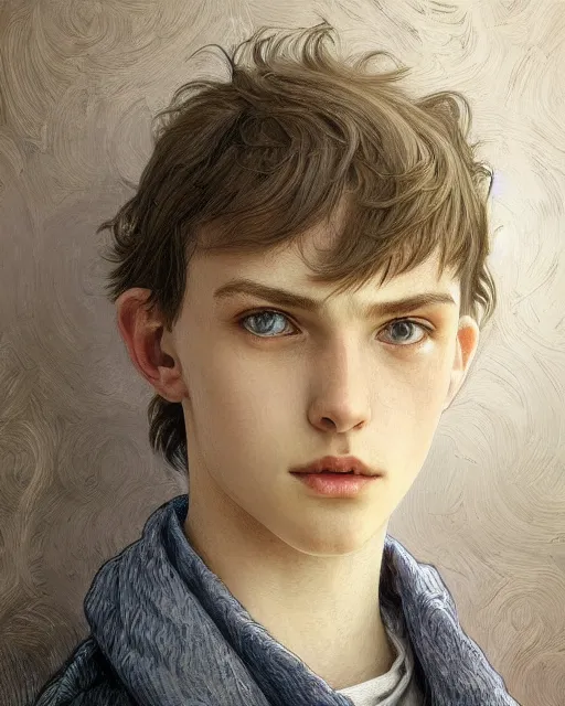 Prompt: portrait of 1 5 - year - old boy, a tall, slender boy with a pale, pointed face, sleek blond hair, and ice grey eyes, hyper realistic face, beautiful eyes, close up, fantasy art, in the style of greg rutkowski, intricate, alphonse mucha, hyper detailed, smooth