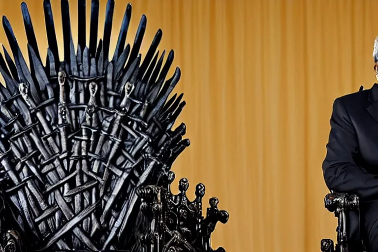 Prompt: Ranil Wickramasinghe sitting on the iron throne, closeup photograph, dark color scheme