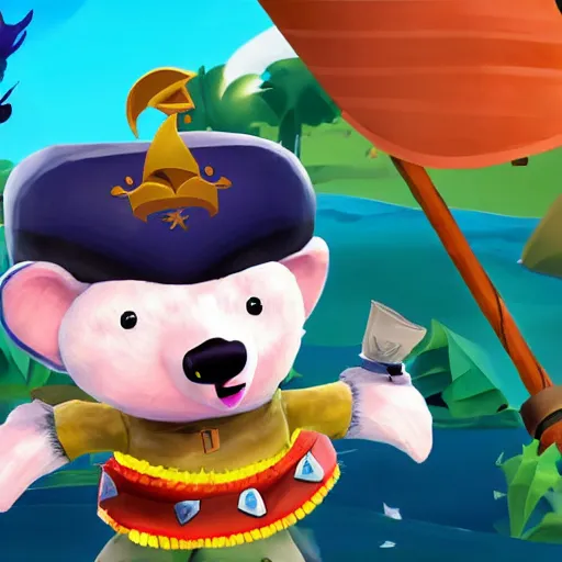 Image similar to hedgehog playing golf in sea of thieves, hedgehog wearing a pirate hat, cute, colourful, happy, adorable