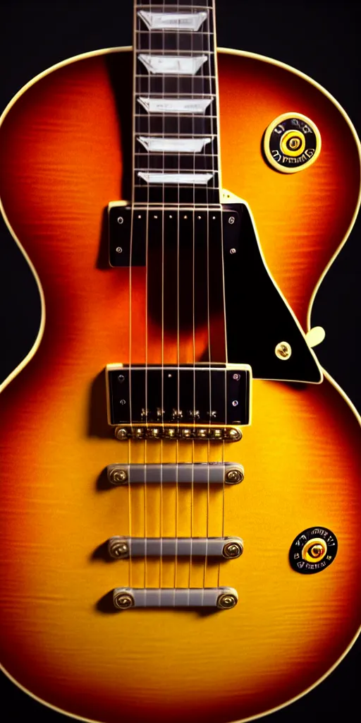 Image similar to award winning photograph of a gibson les paul vintage sunburst, 3 d hyperrealistic 8 k image style, detailed render, stunning studio photograph with dramatic lighting, depth of field