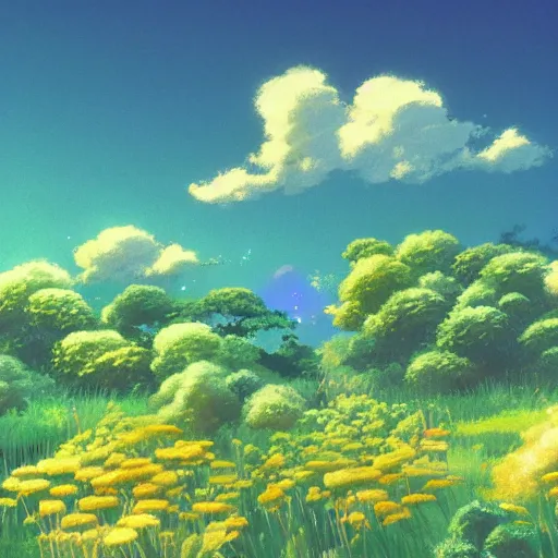 Image similar to a painting of a garden in the heavens by studio ghibli, golden hour, dreamy, misty, cool, detailed