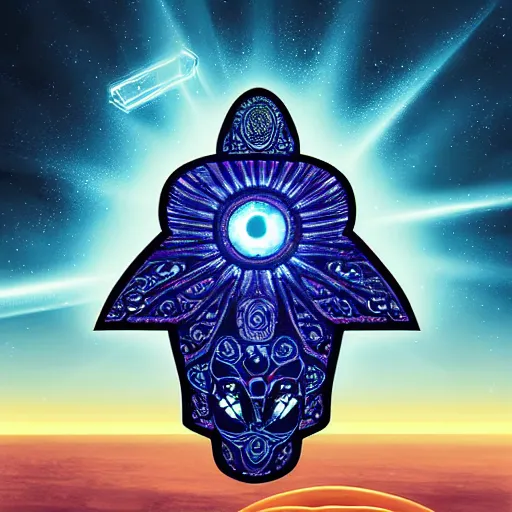 Prompt: a spaceship designed like hamsa is flying in space among the stars, digital art, futuristic