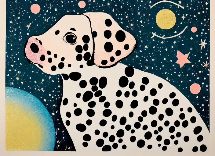 Prompt: portrait of a dalmatian piglet surrounded by stars. silkscreen painting on paper